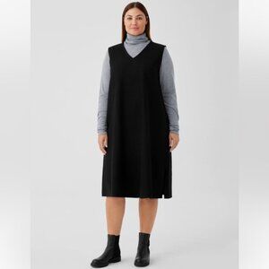 NWT Eileen Fisher Boiled Wool Jersey V-Neck Dress Black Size XL